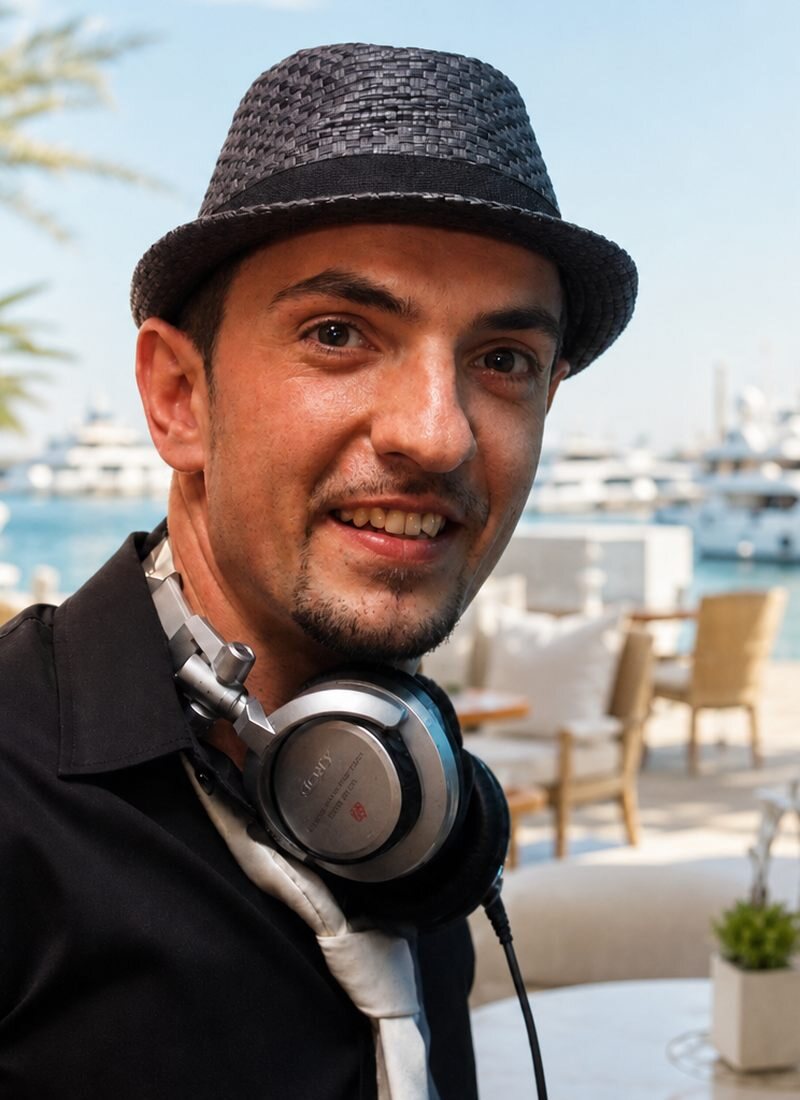 DEEP UNIT in a hat with headphones around his neck, by a marina