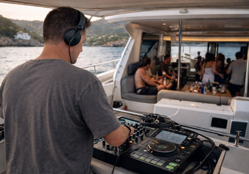 DEEP UNIT playing on the deck of a boat at sunset