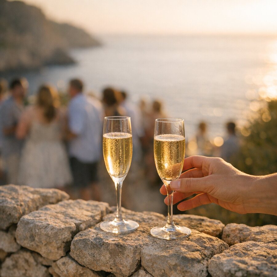 Two glasses of cava on a stone wall overlooking the sea