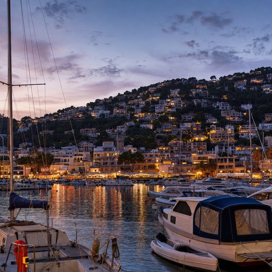 Port d'Andratx at dusk, with sailing boats and houses on the hillside