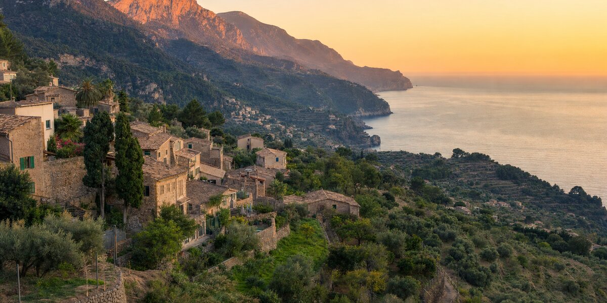 Deià and the Serra de Tramuntana at sunset