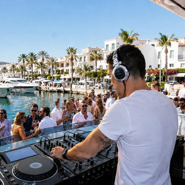 DEEP UNIT at the decks by a harbour, seen from behind