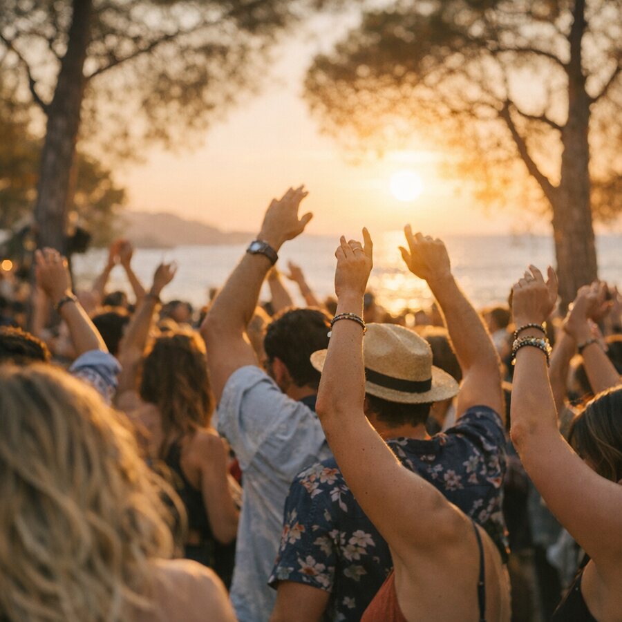 Crowd dancing with their hands up at an open-air party by the sea