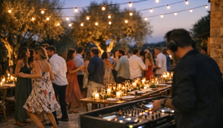 Evening celebration on the terrace of a Mallorcan finca, tables with candles and string lights
