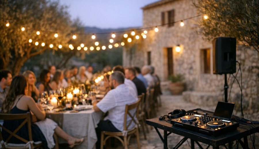 Dinner in the courtyard of a Mallorcan finca at dusk, with festoon lights and olive trees