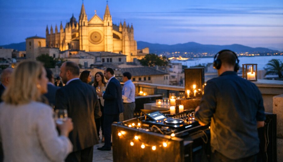 Hotel roof terrace in Palma with the illuminated cathedral behind