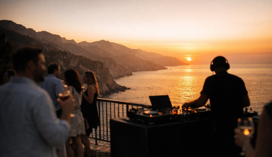Clifftop terrace on Mallorca's west coast at sunset